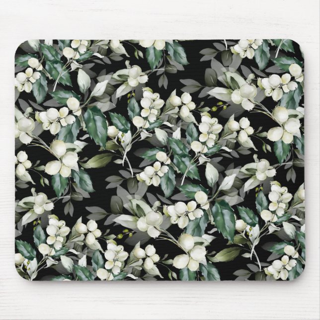 Winter holiday holly branches black pattern mouse mat (Front)