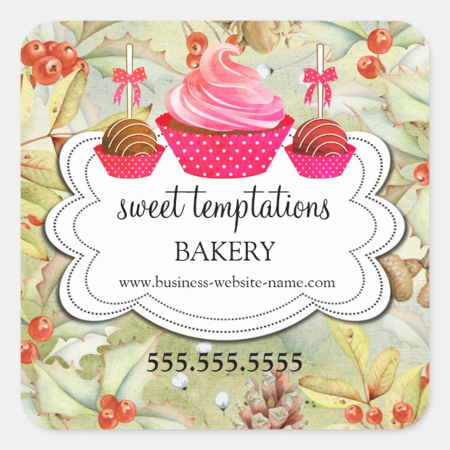 Winter Holiday Holly Cupcake Cake Pops Bakery Square Sticker (Front)