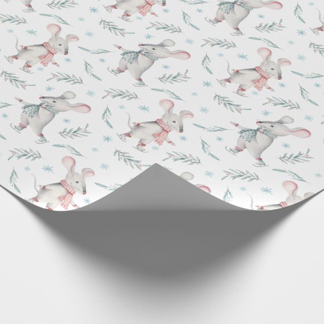 Winter Holiday Ice Skating Mice Pattern Wrapping Paper (Corner)
