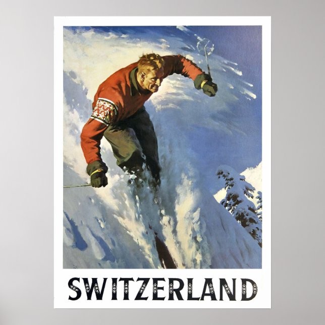 Winter holiday in Switzerland, skiing man, vintage Poster (Front)