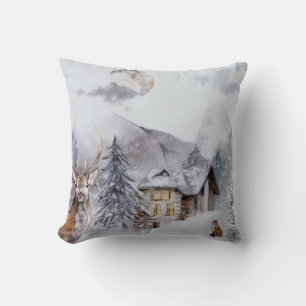 Winter Holiday Night Landscape Watercolor Cushion