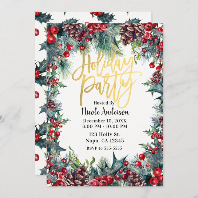 Winter Holiday Party Christmas Holly & Pine Cones Invitation (Front/Back)