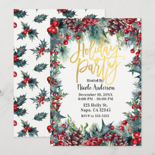 Winter Holiday Party Christmas Holly & Pine Cones Invitation