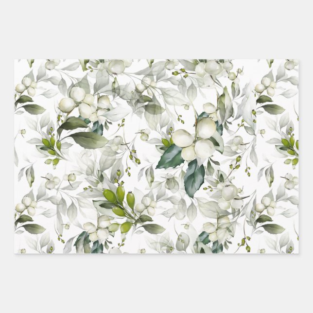 Winter holiday pattern green watercolour holly wrapping paper sheet (Front)