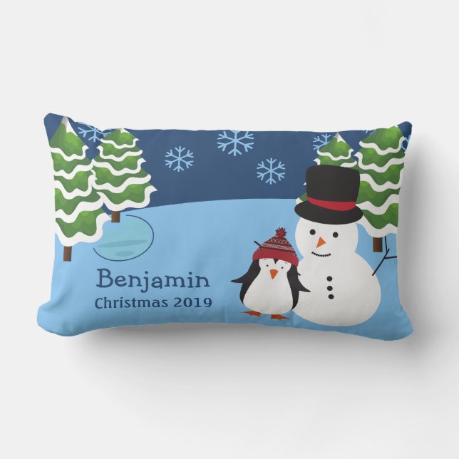 Winter Holiday Penguin and Snowman Christmas Lumbar Cushion (Front)