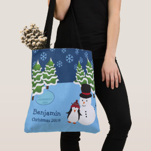 Winter Holiday Penguin and Snowman Christmas Tote Bag