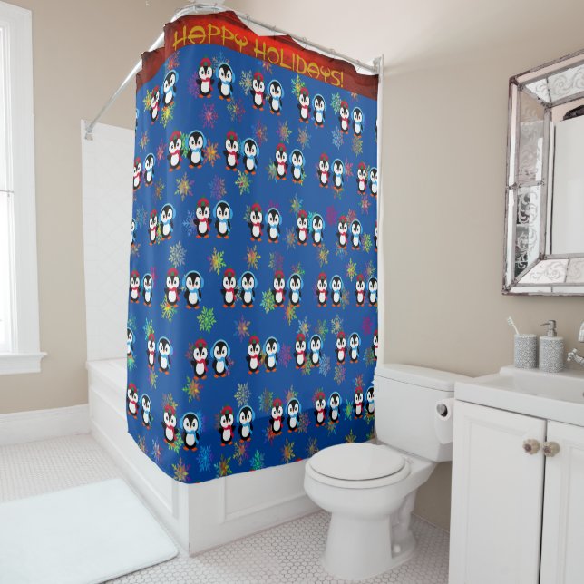 Winter Holiday Penguins  Shower Curtain (In Situ)