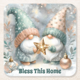 Winter Holiday Personalised Gnome Bless This Home Square Paper Coaster