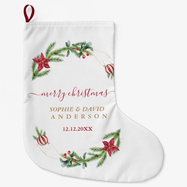 Winter Holiday Pine Cones Christmas Balls Wedding  Large Christmas Stocking (Front)