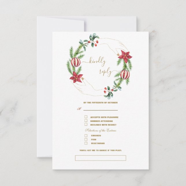 Winter Holiday Pine Cones Christmas Balls Wedding  RSVP Card (Front)