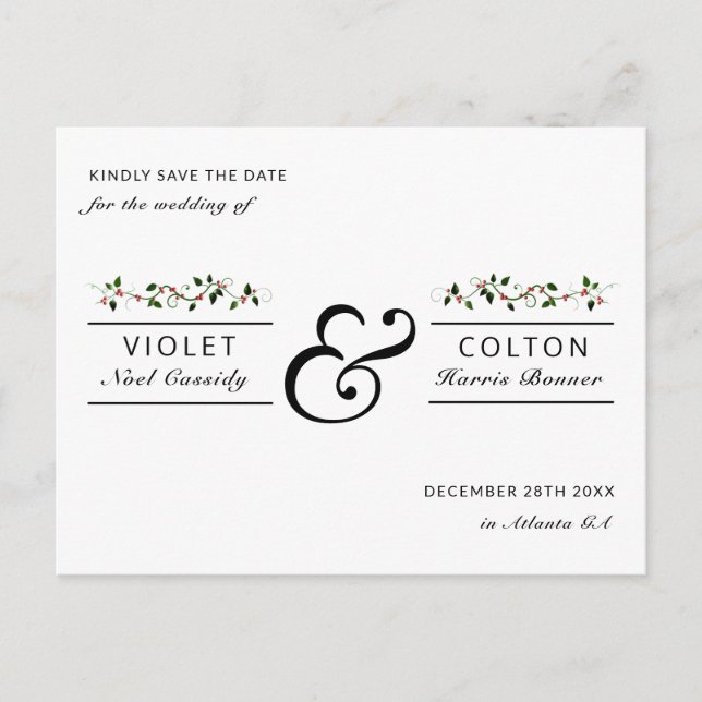 Winter Holiday Red Berry Wedding Save the Date Postcard (Front)