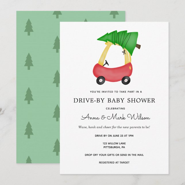 Winter Holiday Red Car Drive by Baby Shower Invitation (Front/Back)