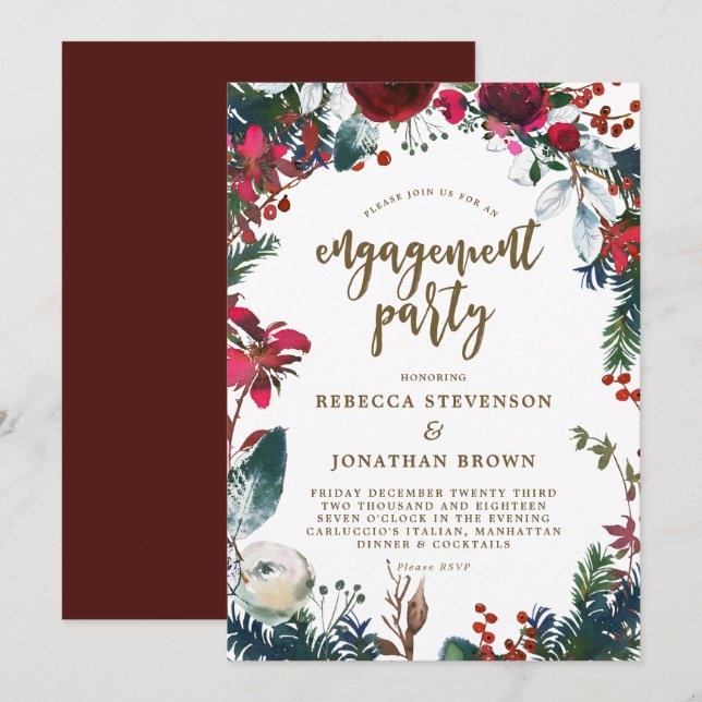 winter holiday red engagement party invitation (Front/Back)