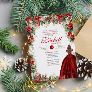 Winter Holiday Red Floral Elegant Quinceanera Invitation