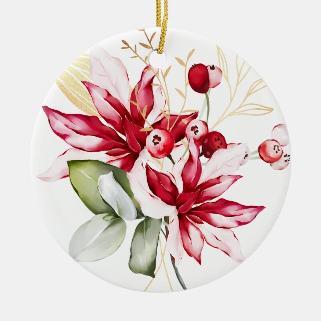 Winter holiday red poinsettia watercolour flowers  ceramic tree decoration (Front)