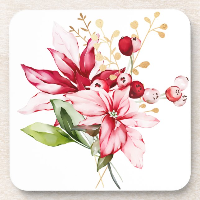 Winter holiday red poinsettia watercolour flowers  coaster (Front)