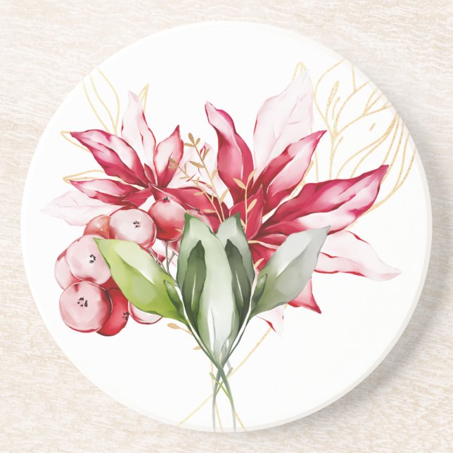 Winter holiday red poinsettia watercolour flowers  coaster (Front)