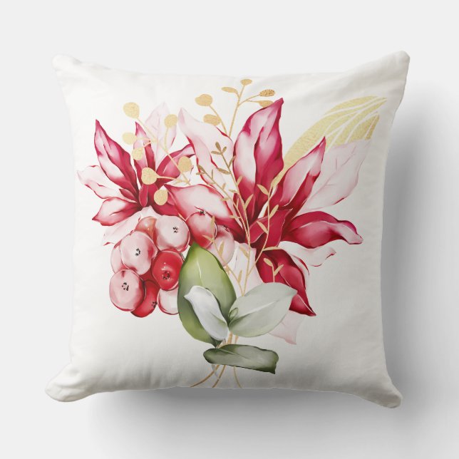 Winter holiday red poinsettia watercolour flowers  cushion (Front)
