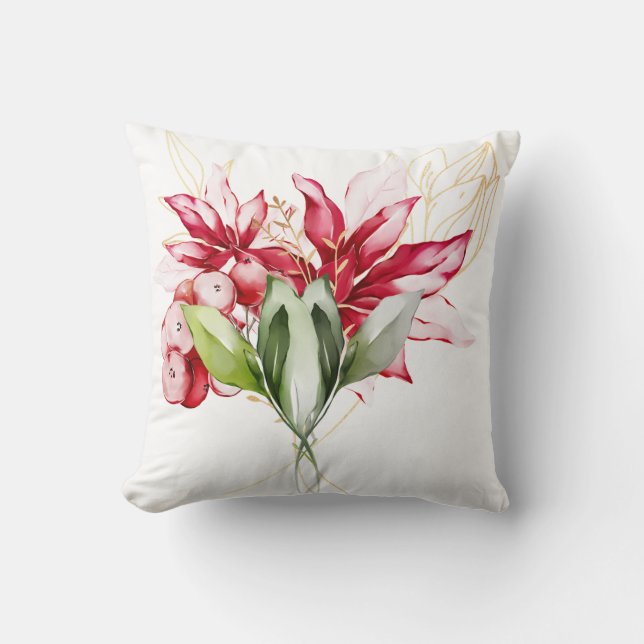 Winter holiday red poinsettia watercolour flowers  cushion (Front)