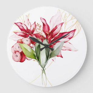 Winter holiday red poinsettia watercolour flowers  large clock