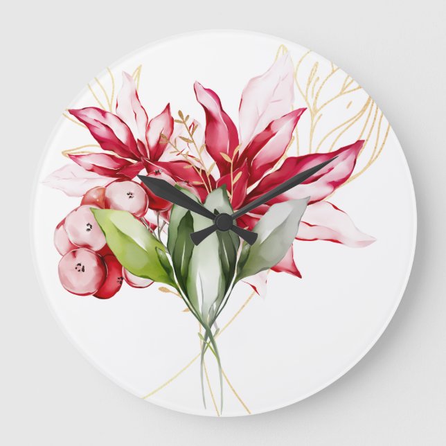 Winter holiday red poinsettia watercolour flowers  large clock (Front)