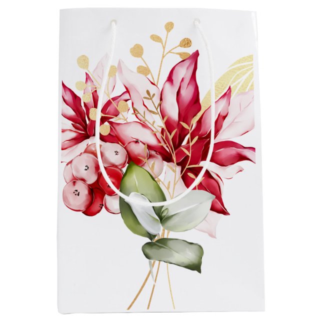 Winter holiday red poinsettia watercolour flowers  medium gift bag (Front)