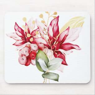 Winter holiday red poinsettia watercolour flowers mouse mat