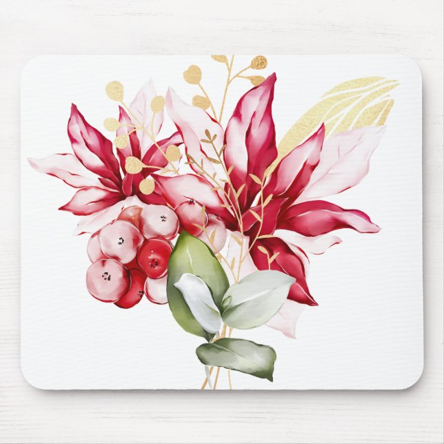 Winter holiday red poinsettia watercolour flowers  mouse mat (Front)