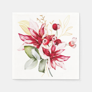 Winter holiday red poinsettia watercolour flowers napkin