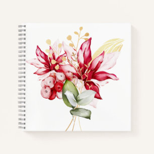 Winter holiday red poinsettia watercolour flowers notebook