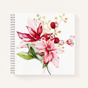 Winter holiday red poinsettia watercolour flowers notebook