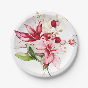 Winter holiday red poinsettia watercolour flowers paper plate