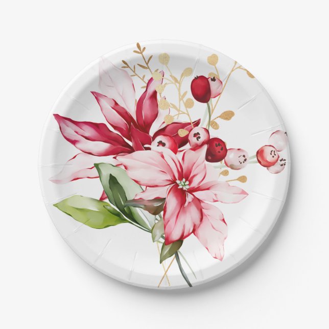 Winter holiday red poinsettia watercolour flowers  paper plate (Front)