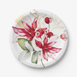 Winter holiday red poinsettia watercolour flowers paper plate