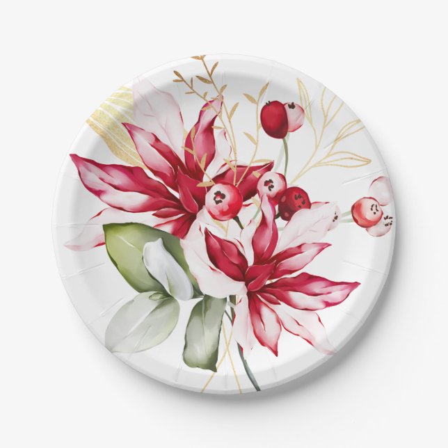 Winter holiday red poinsettia watercolour flowers  paper plate (Front)