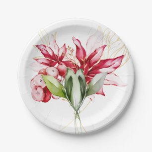 Winter holiday red poinsettia watercolour flowers  paper plate