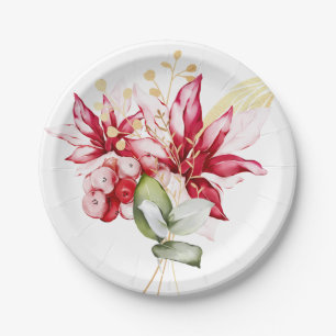 Winter holiday red poinsettia watercolour flowers paper plate