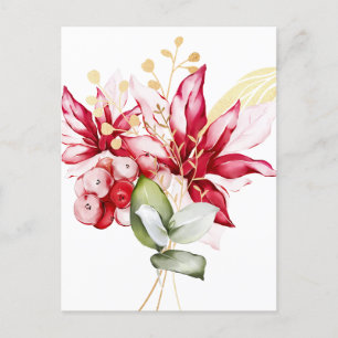 Winter holiday red poinsettia watercolour flowers postcard