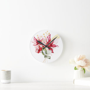 Winter holiday red poinsettia watercolour flowers  round clock