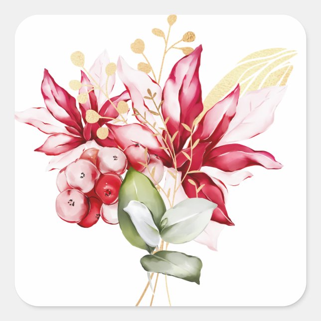 Winter holiday red poinsettia watercolour flowers  square sticker (Front)