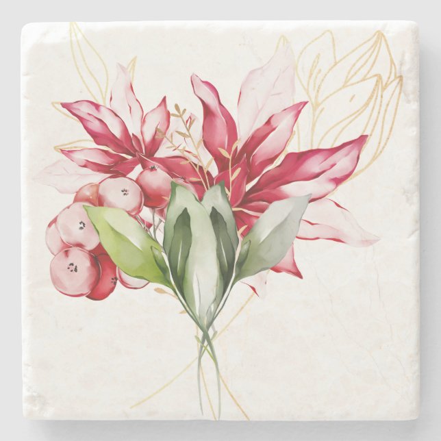 Winter holiday red poinsettia watercolour flowers  stone coaster (Front)