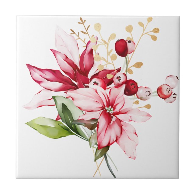 Winter holiday red poinsettia watercolour flowers  tile (Front)