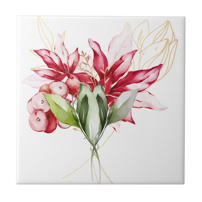 Winter holiday red poinsettia watercolour flowers  tile (Front)