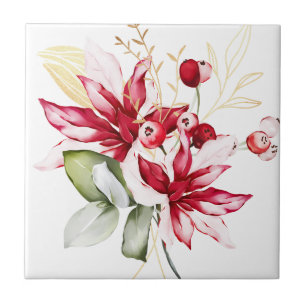 Winter holiday red poinsettia watercolour flowers  tile