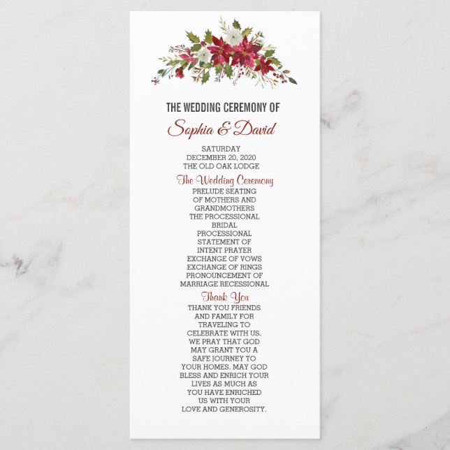 Winter Holiday Red Poinsettia Wedding Program Programme (Front)