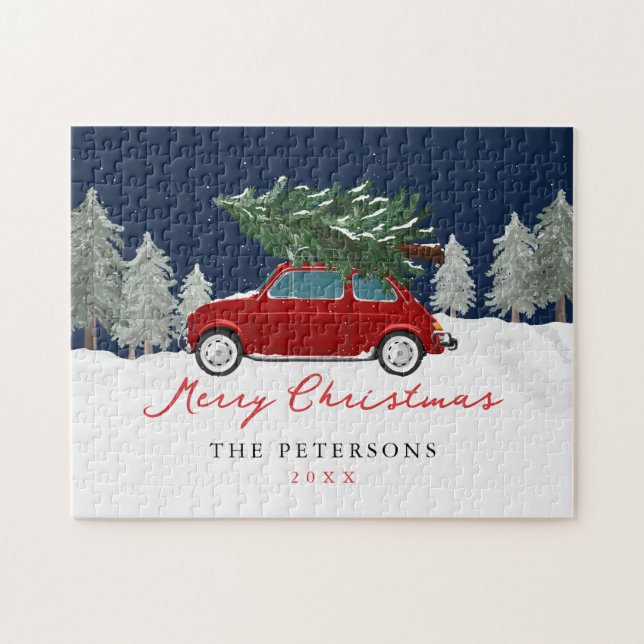 Winter Holiday Red Truck Christmas Family Name Jigsaw Puzzle (Horizontal)