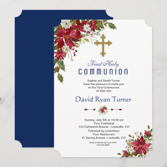 Winter Holiday Red White Poinsettia Holy Communion Invitation (Front/Back)