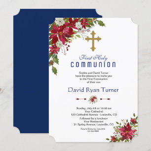 Winter Holiday Red White Poinsettia Holy Communion Invitation