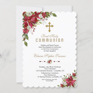 Winter Holiday Red White Poinsettia Holy Communion Invitation