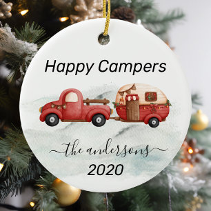 Winter Holiday RV Camper Monogram Happy Campers Ceramic Tree Decoration